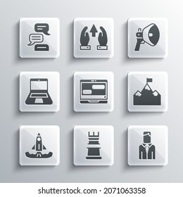 Set Business strategy, Worker, Mountains with flag, Chat messages on laptop, Rocket, Laptop, Speech bubble chat and Megaphone icon. Vector