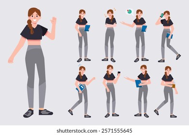 Set of business or student woman character in casual clothes in various poses. Cute girl impressed, worry, panic, explaining, presentation, uses the phone. Vector illustration in flat style