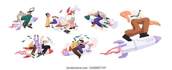 Set of business success and fails. Concepts of failures and wins on startup. Team of businessmen on rocket starts up project. Leadership and teamwork. Flat isolated vector illustrations on white