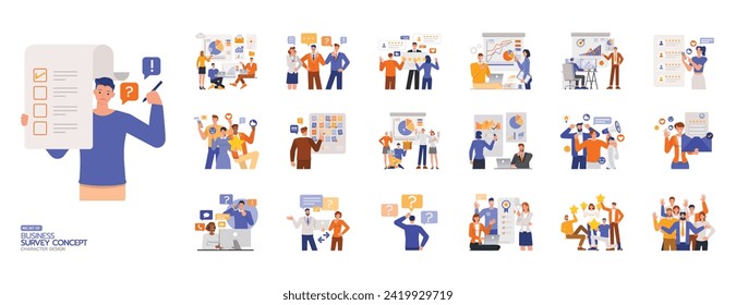 Set of Business survey concept. Includes opinion, response, poll, research, results, review, satisfactio, marketing and rating illustration. Office man and woman character vector design. 