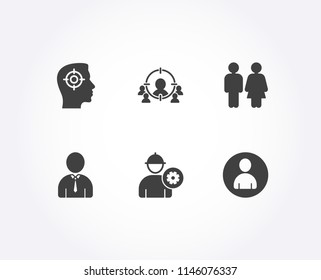 Set of Business targeting, Recruitment and Engineer icons. Human, Restroom and Avatar signs. People and target aim, Headhunter aim, Worker with cogwheel. Person profile, Wc toilet, User profile