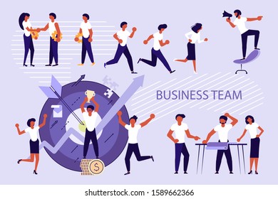 Set of business team concept. Workers running after lider, process of creating, discussing idea with chief, celebrating and winning prize isolated.  Flat Art Vector Illustration