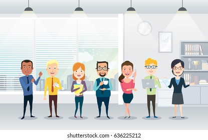 Set of business team. A group of people in the office. Different nationalities and dress styles. Vector illustration in a flat style.