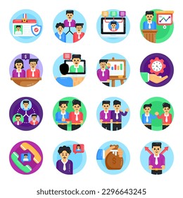 Conjunto de iconos planos de administración de equipos empresariales

