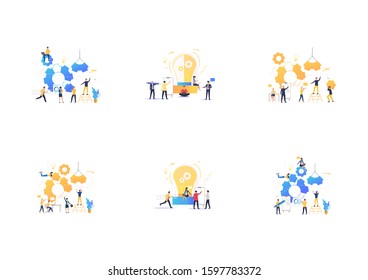 Set of business teams constructing mechanisms. Flat vector illustrations of people working together, working over new project. Teamwork concept for banner, website design or landing web page