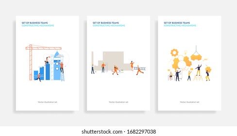 Set of business teams constructing mechanisms. Flat vector illustrations of people launching rocket, constructing graph, painting wall. Teamwork concept for banner, website design or landing web page