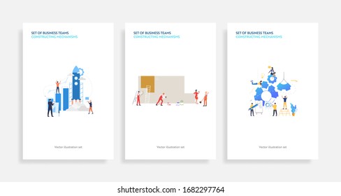 Set of business teams constructing mechanisms. Flat vector illustrations of people launching rocket, constructing graph, painting wall. Teamwork concept for banner, website design or landing web page