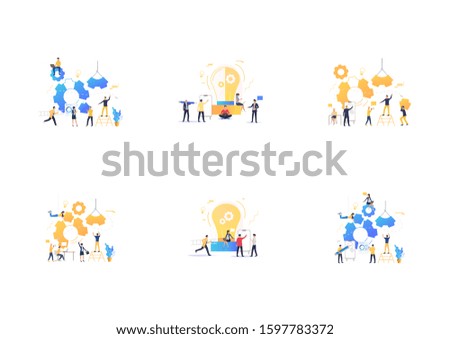 Set of business teams constructing mechanisms. Flat vector illustrations of people working together, working over new project. Teamwork concept for banner, website design or landing web page