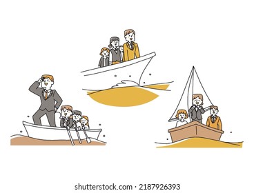  A set of business teams going out to sea on a boat Comical hand-drawn characters Vector, warm line drawing