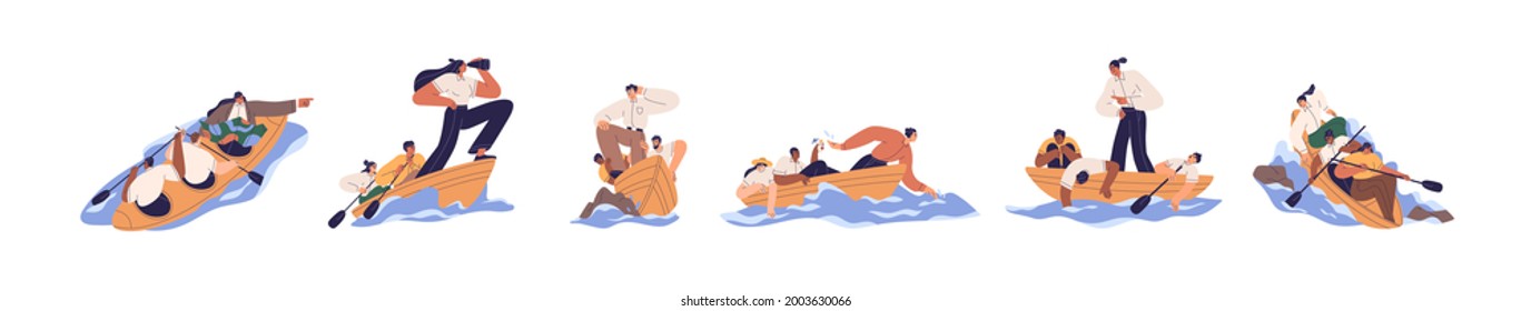 Set of business teams with leaders in boats, rowing forward to their goals. Concept of good and bad management and teamwork. Flat vector illustrations of people collaborations isolated on white.