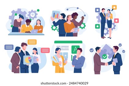 Set of business teams. Man and woman entrepreneur or office workers interacting with each other. Partnership, collaboration and business activity. Flat vector illustration isolated on white background