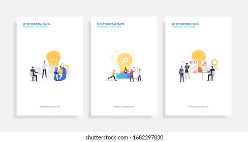 Set of business teams working together. Flat vector illustrations of employees working over project. Teamwork concept for banner, website design or landing web page