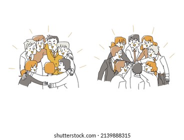 Un conjunto de equipos de negocios que trabajan conjuntamente con la persona manuscrita cómica Vector, dibujo de líneas y color