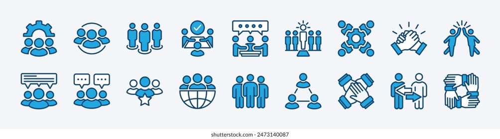 Set of business teamwork icon. Containing team, cooperation, group, people, organization, collaboration, communication, partnership, leadership, support, unity, community. Vector illustration