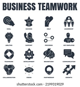 Icono de conjunto de trabajo en equipo de negocios ilustración vectorial del logotipo. objetivo, colaboración, apoyo, desarrollo, comunicación, asociación y más plantillas de símbolos de paquetes para la colección de diseño gráfico y web