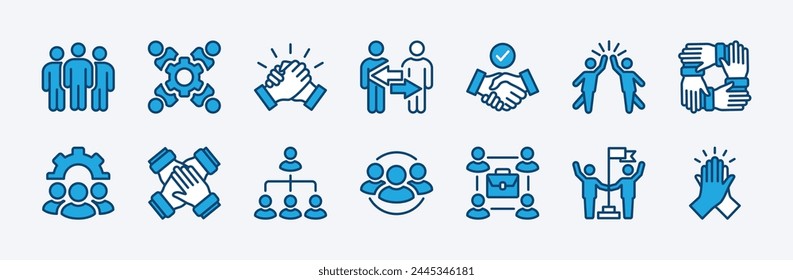 Conjunto de Vector de iconos de trabajo en equipo empresarial. Conteniendo equipo trabajando juntos, alianza, grupo de trabajo, Acuerdo, apretón de manos, ayuda, alianza, estructura jerárquica, colaboración, compañero de trabajo, cooperación.