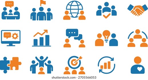 Conjunto de iconos de negocios y trabajo en equipo que representan la colaboración, el alcance global y el desarrollo profesional