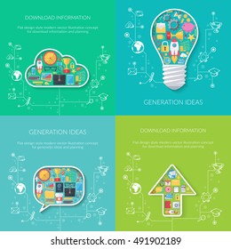 Set of business and technology backgrounds. Modern flat design templates. Icons and sketch symbols combination.