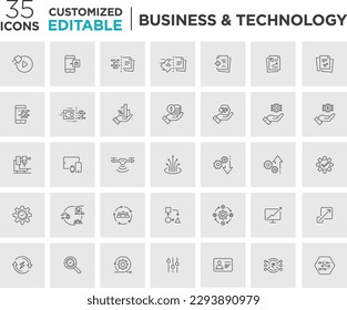 Juego de iconos de negocios y tecnología, Documento digital, Transformación digital, Icono de datos de tecnología, Diseño de iconos del vector de contorno - Accionamiento editable