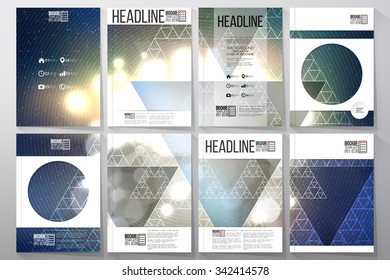 Set of business templates for brochure, flyer or booklet. Abstract multicolored background with bokeh lights and stars. Scientific digital design, science vector illustration.
