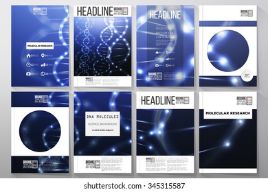 Set of business templates for brochure, flyer or booklet. DNA molecule structure on dark background. Science vector background.