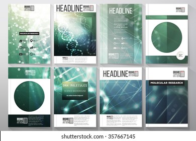 Set of business templates for brochure, flyer or booklet. DNA molecule structure on dark green background. Science vector background.