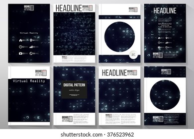 Set of business templates for brochure, flyer or booklet. Virtual reality, abstract technology background with blue symbols, vector illustration.