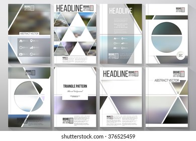 Set of business templates for brochure, flyer or booklet. Abstract multicolored background of blurred nature landscapes, geometric vector, triangular style illustration.