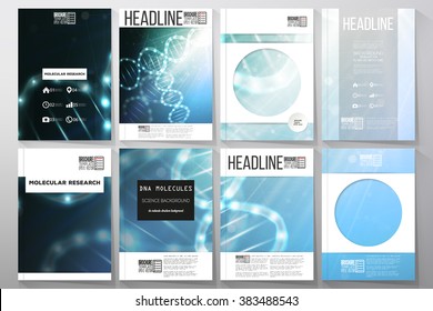 Set of business templates for brochure, flyer or booklet. DNA molecule structure on dark blue background. Science vector background.