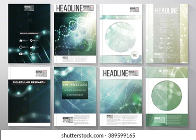 Set of business templates for brochure, flyer or booklet. DNA molecule structure on dark green background. Science vector background.