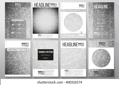 Set of business templates for brochure, flyer or booklet. Sacred geometry, triangle design gray background. Abstract vector illustration.