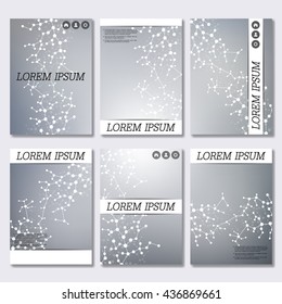 Set business templates for brochure, flyer, cover magazine in A4 size. Structure molecule of DNA and neurons. Abstract background. Medicine, science and technology. Vector illustration.