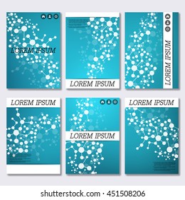 Set of business templates for brochure, flyer, cover magazine in A4 size. Structure molecule of DNA and neurons. Geometric abstract background. Medicine, science and technology. Vector illustration.