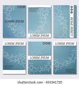 Set of business templates for brochure, flyer, cover magazine in A4 size. Structure molecule of DNA and neurons. Geometric abstract background. Medicine, science and technology. Vector illustration.