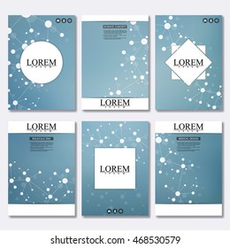 Set of business templates for brochure, flyer, cover magazine in A4 size. Structure molecule of DNA and neurons. Geometric abstract background. Medicine, science and technology. Vector illustration.