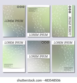 Set of business templates for brochure, flyer, cover magazine in A4 size. Structure molecule of DNA and neurons. Geometric abstract background. Medicine, science and technology. Vector illustration.