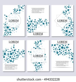 Set of business templates for brochure, flyer, cover magazine in A4 size. Structure molecule of DNA and neurons. Geometric abstract background. Medicine, science and technology. Vector illustration.
