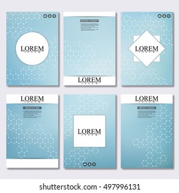 Set of business templates for brochure, flyer, cover magazine in A4 size. Structure molecule of DNA and neurons. Geometric abstract background. Medicine, science and technology. Vector illustration.