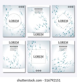 Set of business templates for brochure, flyer, cover magazine in A4 size. Structure molecule of DNA and neurons. Geometric abstract background. Medicine, science and technology. Vector illustration.