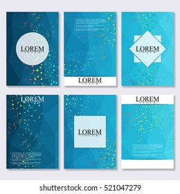 Set of business templates for brochure, flyer, cover magazine in A4 size. Structure molecule of DNA and neurons. Geometric abstract background. Medicine, science, technology. Scalable vector graphics.