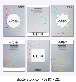 Set of business templates for brochure, flyer, cover magazine in A4 size. Structure molecule of DNA and neurons. Geometric abstract background. Medicine, science, technology. Scalable vector graphics.