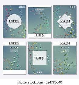 Set of business templates for brochure, flyer, cover magazine in A4 size. Structure molecule of DNA and neurons. Geometric abstract background. Medicine, science, technology. Scalable vector graphics.