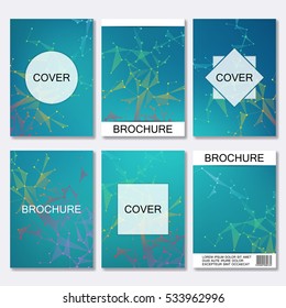 Set of business templates for brochure, flyer, cover magazine in A4 size. Structure molecule of DNA and neurons. Geometric abstract background. Medicine, science, technology. Scalable vector graphics