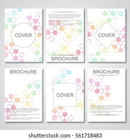 Set of business templates for brochure, flyer, cover magazine in A4 size. Structure molecule of DNA and neurons. Geometric abstract background. Medicine, science, technology. Vector graphics.