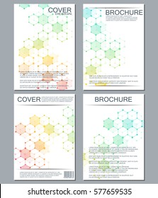 Set of business templates for brochure, flyer, cover magazine in A4 size. Structure molecule of DNA and neurons. Geometric abstract background. Medicine, science, technology. Vector illustration.