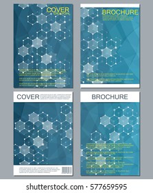 Set of business templates for brochure, flyer, cover magazine in A4 size. Structure molecule of DNA and neurons. Geometric abstract background. Medicine, science, technology. Vector illustration.