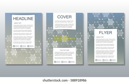 Set of business templates for brochure, flyer, cover magazine in A4 size. Structure molecule of DNA and neurons. Geometric abstract background. Medicine, science, technology. Vector illustration.