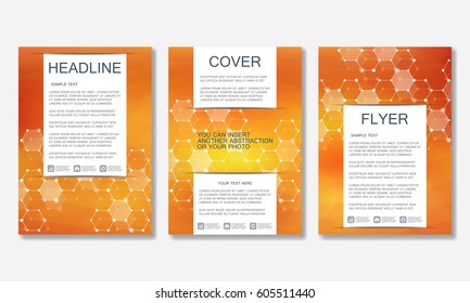 Set of business templates for brochure, flyer, cover magazine in A4 size. Structure molecule of DNA and neurons. Geometric abstract background. Medicine, science, technology. Vector illustration.