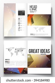 Set of business templates for brochure, magazine, flyer, booklet or annual report. Molecular construction with connected lines and dots, scientific pattern on abstract colorful polygonal background