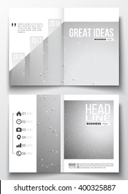 Set of business templates for brochure, magazine, flyer, booklet or annual report. Molecular construction with connected lines and dots, scientific or digital design pattern on gray background.